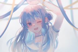 Rule 34 | 1girl, a tama chan, arm up, blue choker, blue eyes, blue hair, choker, commentary request, highres, hololive, hoshimachi suisei, hoshimachi suisei (school uniform), long hair, looking at viewer, one eye closed, open mouth, ribbon, sailor collar, short sleeves, smile, solo, upper body, virtual youtuber