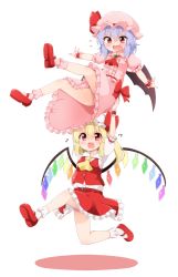 Rule 34 | &gt;:d, 2girls, :d, arms up, ascot, bat wings, beamed quavers, belt, blonde hair, blue hair, blush, bobby socks, bow, brooch, carrying overhead, crystal, dress, fang, flandre scarlet, frilled dress, frills, full body, hair between eyes, hat, hat bow, highres, jewelry, mary janes, mob cap, multiple girls, musical note, open mouth, pink dress, pink legwear, puffy short sleeves, puffy sleeves, quaver, red bow, red eyes, red footwear, red skirt, red vest, remilia scarlet, sash, shoes, short sleeves, siblings, sisters, skirt, smile, socks, standing, suwa yasai, touhou, v-shaped eyebrows, vest, white legwear, wings, wrist cuffs