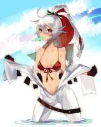 Rule 34 | 1girl, bare shoulders, bikini, gloves, guilty gear, guilty gear xrd, jack-o&#039; valentine, multicolored hair, navel, oro (sumakaita), red eyes, red hair, solo, swimsuit, two-tone hair, undressing, white hair