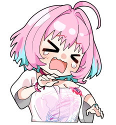 Rule 34 | &gt; &lt;, 1girl, ahoge, aqua hair, bob cut, bracelet, breasts, chibi, choker, commentary, cropped torso, fang, hair intakes, heart, heart on chest, idolmaster, idolmaster cinderella girls, idolmaster cinderella girls starlight stage, jewelry, mitche, multicolored hair, open mouth, oversized clothes, pink bracelet, pink choker, pink hair, pink heart, ring, shirt, short sleeves, simple background, single bare shoulder, skeleton print, solo, surprised, t-shirt, tears, two-tone hair, upper body, wavy mouth, white background, white shirt, yumemi riamu