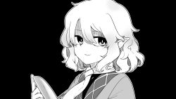 Rule 34 | 1girl, absurdres, blood, commentary, cutting, green eyes, greyscale, hair between eyes, halllllllas, highres, holding, holding knife, jacket, knife, looking at viewer, mizuhashi parsee, monochrome, open mouth, pointy ears, scarf, shaded face, shirt, short hair, simple background, smile, solo, touhou, upper body