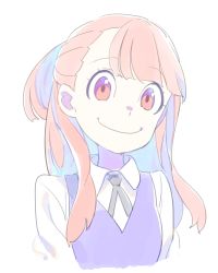 Rule 34 | 1girl, absurdres, black ribbon, brown eyes, brown hair, closed mouth, collared shirt, enkyo yuuichirou, head tilt, highres, kagari atsuko, little witch academia, looking at viewer, neck ribbon, ponytail, purple vest, ribbon, school uniform, shirt, simple background, smile, solo, upper body, vest, white background, white shirt, wing collar