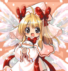 Rule 34 | 1girl, :d, ahoge, alternate wings, blonde hair, blue eyes, blush, bow, capelet, fairy, feathered wings, female focus, hat, hat bow, heart, heart-shaped pupils, holding, kedama (touhou), lily white, no nose, open mouth, smile, solo, symbol-shaped pupils, touhou, veil, vu (oyavon), vu (oyavun), wide sleeves, wings