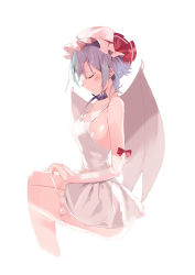 Rule 34 | 1girl, alternate breast size, alternate costume, arm ribbon, ass, bare shoulders, bat wings, blue hair, blush, bow, breasts, bridal gauntlets, cleavage, closed eyes, commentary request, cropped legs, dress, from side, gloves, hat, hat ribbon, invisible chair, large breasts, mob cap, pink hat, profile, red bow, red ribbon, remilia scarlet, ribbon, short dress, sitting, solo, spaghetti strap, tetsurou (fe+), thigh strap, thighs, touhou, white bow, white dress, white gloves, white ribbon, wings