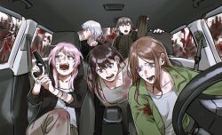 Rule 34 | &gt; o, 5girls, bandaged arm, bandages, bang dream!, bang dream! it&#039;s mygo!!!!!, black hoodie, black shirt, black vest, blood, blood on clothes, blood on face, blood on glass, blue eyes, blush, broken glass, brown hair, brown jacket, car interior, chihaya anon, closed mouth, commentary request, glass, green shirt, grey tank top, gun, handgun, highres, holding, holding gun, holding weapon, hood, hoodie, jacket, kaname raana, korean commentary, long sleeves, mole, mole under eye, multiple girls, mygo!!!!! (bang dream!), nagasaki soyo, nohee07, one eye closed, open clothes, open mouth, open shirt, pink hair, purple eyes, shiina taki, shirt, shouting, sitting, steering wheel, sweat, tactical clothes, takamatsu tomori, tank top, vest, weapon, white hair, white shirt, zombie