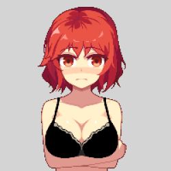 Rule 34 | 1girl, animated, animated gif, black bra, blush, bra, breasts, furumero, grey background, horikawa raiko, large breasts, lifting own clothes, looking at viewer, lowres, nipples, pixel art, red eyes, red hair, simple background, solo, touhou, underwear, undressing, upper body