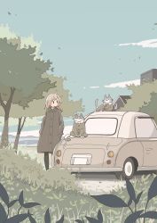 Rule 34 | 1girl, absurdres, black eyes, black pantyhose, blonde hair, blue sky, brown coat, car, cat, closed mouth, coat, day, east sha2, expressionless, hands in pockets, highres, house, long hair, long sleeves, looking away, motor vehicle, nissan, nissan figaro, original, outdoors, pantyhose, sky, solo, standing, tree, vehicle focus