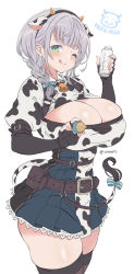 Rule 34 | 1girl, animal ears, animal print, aqua eyes, baby bottle, between breasts, blue collar, bottle, braid, breasts, carrot hair ornament, chest strap, cleavage, collar, cow, cow ears, cow girl, cow print, curvy, english text, food-themed hair ornament, hair ornament, highres, hololive, hololive fantasy, huge breasts, looking at viewer, mole, mole on breast, motherly, off-shoulder sweater, off shoulder, one eye closed, shirogane noel, shirogane noel (1st costume), shirogane noel (casual), short hair, silver hair, smile, snowflake choker, solo, standing, strap between breasts, sweater, thick thighs, thighs, tongue, tongue out, vinhnyu, virtual youtuber, wrist guards