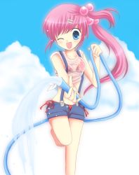 Rule 34 | 1girl, bad id, bad pixiv id, barefoot, bikini, blue eyes, blush, day, denim, denim shorts, hair bobbles, hair ornament, hose, little busters!, mana (10221125), one eye closed, open fly, open mouth, pink hair, polka dot, polka dot bikini, polka dot swimsuit, purple hair, red bikini, saigusa haruka, see-through, shirt, short shorts, shorts, side-tie bikini bottom, side ponytail, solo, standing, standing on one leg, suspenders, swimsuit, tied shirt, unzipped, water, wet, wet clothes, wet shirt, wink