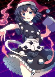 Rule 34 | 1girl, bad id, bad twitter id, blue eyes, blue hair, book, doremy sweet, dream soul, dress, frilled dress, frills, hat, holding, holding book, nightcap, outstretched hand, pom pom (clothes), sameya, short hair, short sleeves, solo, space, tail, tapir tail, touhou