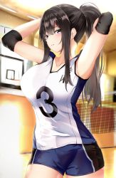 Rule 34 | 1girl, absurdres, armpits, arms up, bare shoulders, basketball hoop, black hair, blue eyes, blue shorts, breasts, ceiling, cleavage, clothes writing, collarbone, commentary request, cowboy shot, elbow pads, eyebrows hidden by hair, gym, hair between eyes, hair intakes, highres, huge filesize, indoors, lamp, large breasts, looking at viewer, masaki nanaya, micro shorts, original, parted lips, ponytail, shirt, shorts, sleeveless, sleeveless shirt, solo, sportswear, standing, sweat, tying hair, volleyball net, volleyball uniform, wall, white shirt, window