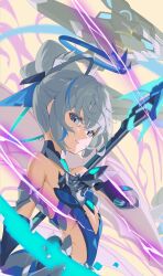 1girl armored_leotard bare_shoulders breasts bronya_zaychik bronya_zaychik_(herrscher_of_truth) closed_mouth gauntlets grey_eyes grey_hair halo highres holding holding_polearm holding_weapon honkai_(series) honkai_impact_3rd johnny-chan leotard long_hair looking_at_viewer polearm small_breasts solo spear upper_body very_long_hair weapon