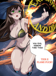 1girl absurdres bikini black_bikini black_nails breasts brown_hair collarbone english_text fire green_eyes hat high_heels highres indy_k large_breasts long_hair middle_finger navel open_mouth original profanity solo speech_bubble swimsuit witch_hat