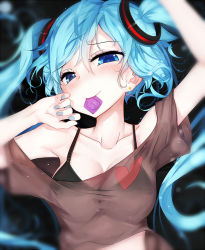 Rule 34 | 1girl, aqua eyes, aqua hair, blush, breasts, cleavage, collarbone, condom, condom in mouth, condom wrapper, hatsune miku, looking at viewer, mouth hold, off shoulder, qys3, revision, shirt, short sleeves, smile, solo, t-shirt, twintails, vocaloid