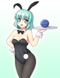 Rule 34 | 1girl, :d, alternate costume, animal ears, aqua eyes, aqua hair, bare arms, bare shoulders, black bow, black leotard, black pantyhose, blue eyes, blue hair, blush, bow, bowtie, breasts, cleavage, covered navel, detached collar, fake animal ears, female focus, gradient background, hand on own hip, highleg, highleg leotard, isaki (gomi), komeiji koishi, leotard, light blue hair, looking at viewer, open mouth, pantyhose, playboy bunny, rabbit ears, short hair, smile, solo, standing, strapless, strapless leotard, touhou, tray, wrist cuffs