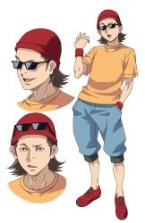 Rule 34 | 1boy, amano yo-ki, brown eyes, brown hair, character sheet, commentary request, eyewear on head, hand in pocket, hat, male focus, open mouth, orange shirt, original, red hat, shirt, shoes, shorts, smile, sneakers, solo, sunglasses, t-shirt, wristband