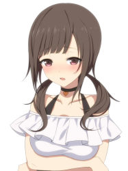 Rule 34 | 10s, 1girl, bare shoulders, blush, brown hair, choker, collarbone, crossed arms, heart, izumi sai, long hair, okita sawa, open mouth, red eyes, simple background, solo, tari tari, twintails, upper body, white background