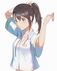 Rule 34 | 1girl, absurdres, breasts, brown eyes, brown hair, closed mouth, collarbone, collared shirt, commentary, dated commentary, dress shirt, hair between eyes, hair ornament, hair tie, hairclip, highres, holding hair tie, iwato suzume, long hair, looking at viewer, midriff peek, neck ribbon, ponytail, pout, red ribbon, ribbon, school uniform, shirt, short sleeves, simple background, single sidelock, small breasts, solo, suzume no tojimari, sweatdrop, tying hair, undone neck ribbon, upper body, white background, white shirt, xvvstring