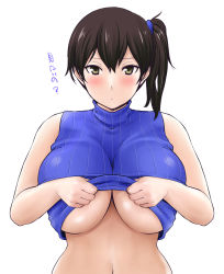 Rule 34 | 10s, 1girl, blush, breasts, brown hair, clothes lift, gigantic breasts, highres, huge breasts, jitome, kaga (kancolle), kantai collection, lifted by self, looking at viewer, ribbed sweater, short ponytail, shoumaru (gadget box), side ponytail, solo, sweater, sweater lift, sweater vest, translated, turtleneck, underboob, white background, yellow eyes