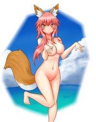 Rule 34 | 10s, 1girl, absurdres, animal ears, blush, breasts, collarbone, day, fate/extra, fate (series), fox ears, fox tail, full body, highres, large breasts, long hair, looking at viewer, nature, navel, nude, ocean, outdoors, pink hair, pussy, solo, tail, tamamo (fate), tamamo no mae (fate/extra), tamamo no mae (swimsuit lancer) (fate), yellow eyes