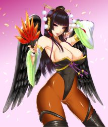 Rule 34 | 1girl, black hair, black pantyhose, blunt bangs, breasts, brown thighhighs, cleavage, covered navel, dead or alive, dead or alive 5, detached sleeves, eyelashes, female focus, gradient background, hand fan, hat, highleg, highleg leotard, highres, hime cut, kamitsuki manmaru, large breasts, leotard, licking lips, lips, lipstick, long hair, makeup, mole, mole under mouth, naughty face, no bra, nyotengu, pantyhose, petals, purple eyes, solo, strapless, thighhighs, thighhighs over pantyhose, tokin hat, tongue, tongue out