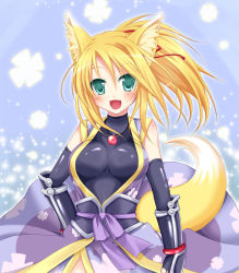Rule 34 | 10s, 1girl, animal ears, blonde hair, breasts, dog days, female focus, fox ears, fox tail, gradient background, green eyes, japanese clothes, open mouth, smile, solo, tail, tougo, yukikaze panettone
