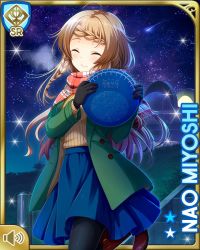 Rule 34 | 1girl, black leggings, blue skirt, braid, brown eyes, brown hair, card (medium), closed mouth, coat, enpera, closed eyes, girlfriend (kari), green coat, leggings, long hair, looking at viewer, matching hair/eyes, miyoshi nao, night, official art, outdoors, plaid, plaid scarf, qp:flapper, red scarf, scarf, shirt, skirt, smile, snow, solo, standing, standing on one leg, sweater, tagme, winter clothes, yellow sweater