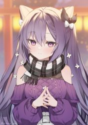 Rule 34 | 1girl, aran sweater, bare shoulders, black bow, blurry, blurry background, blush, bow, cable knit, casual, closed mouth, cone hair bun, depth of field, genshin impact, hair between eyes, hair bow, hair bun, keqing (genshin impact), keqing (lantern rite) (genshin impact), long hair, long sleeves, looking at viewer, narusegawa riko, off-shoulder sweater, off shoulder, official alternate costume, own hands together, plaid, plaid scarf, purple eyes, purple hair, purple sweater, scarf, smile, solo, sweater, twintails, upper body, very long hair, white bow