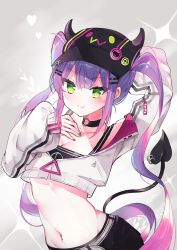 Rule 34 | 1girl, bad id, bad pixiv id, belly, breasts, cleavage, collarbone, commentary request, demon tail, erufwa, fang, green eyes, hat, highres, hololive, jacket, looking at viewer, nail polish, navel, purple hair, shorts, simple background, smile, solo, tail, tokoyami towa, twintails, virtual youtuber