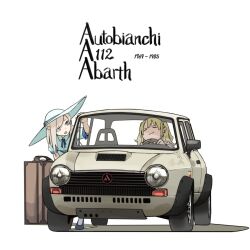 2girls akiba-june autobianchi autobianchi_a112_abarth blonde_hair blue_ribbon car closed_eyes closed_mouth collared_shirt commentary_request hat highres looking_at_another motor_vehicle multiple_girls neck_ribbon original ribbon shirt simple_background smile suitcase sun_hat twintails vehicle_focus white_background white_hair white_hat white_shirt