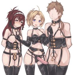 Rule 34 | 1boy, 2girls, bare shoulders, bdsm, bisexual female, blonde hair, blue eyes, blush, bondage, bondage male, bondage outfit, bound, bound arms, breasts, brown hair, chastity belt, chastity cage, cleavage, closed mouth, collar, collarbone, dildo, dominatrix, elbow gloves, feet out of frame, femdom, ffm threesome, garter belt, garter straps, gloves, group sex, hair ornament, hair ribbon, hairband, hairclip, harness, highres, holding, holding leash, kikiu bd, latex, latex bra, latex collar, latex gloves, latex legwear, latex panties, leash, leash on penis, lillia greyrat, long hair, looking at viewer, looking down, medium breasts, medium hair, multiple girls, mushoku tensei, nipple piercing, nipples, open mouth, panties, paul greyrat, penis, piercing, purple eyes, red hair, ribbon, sex toy, small penis, smile, standing, strap-on, thighhighs, threesome, uncensored, underwear, white background, zenith greyrat