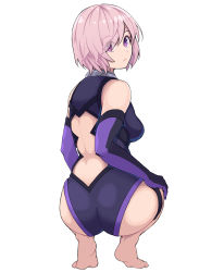 Rule 34 | 1girl, absurdres, ass, bare shoulders, barefoot, blush, breasts, commentary, eyes visible through hair, fate/grand order, fate (series), feet, from behind, frown, gloves, hair over one eye, highleg, highleg leotard, highres, kobaji, large breasts, leotard, looking at viewer, mash kyrielight, purple eyes, purple gloves, revision, short hair, simple background, solo, squatting, wedgie, white background