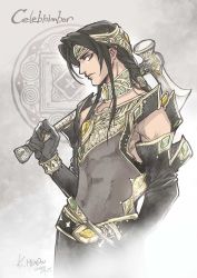 Rule 34 | 1boy, belt, black gloves, black hair, braid, celebrimbor, character name, closed mouth, elbow gloves, from side, gloves, hammer, headpiece, highres, holding, holding weapon, kazuki-mendou, tolkien&#039;s legendarium, long hair, looking at viewer, looking to the side, male focus, over shoulder, profile, signature, single braid, solo, standing, the silmarillion, weapon, weapon over shoulder