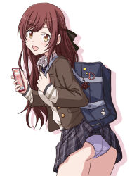 Rule 34 | 1girl, bag, black jacket, black ribbon, blazer, blue necktie, blue panties, brown eyes, brown hair, carrying, cellphone, cellphone charm, charm (object), commentary request, crotch seam, dress shirt, from behind, grey sweater, hair ribbon, half updo, holding, holding phone, idolmaster, idolmaster shiny colors, jacket, leaning forward, lielos, looking at viewer, looking back, miniskirt, neck ribbon, necktie, one side up, open mouth, osaki amana, panties, pantyshot, partial commentary, phone, plaid, plaid skirt, pleated skirt, ribbon, school bag, school uniform, shadow, shirt, simple background, skirt, smartphone, smile, solo, standing, sweater, underwear, wardrobe malfunction, white background, white shirt, wing collar