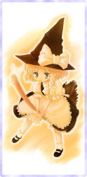 Rule 34 | 1girl, apron, blonde hair, bow, braid, broom, broom riding, buchiko, female focus, hat, hat bow, kirisame marisa, mary janes, monochrome, shoes, solo, touhou, witch, witch hat, yellow eyes, yellow theme