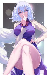 Rule 34 | 1girl, absurdres, border, bow, bowtie, breasts, covered mouth, crossed legs, dress, eyes visible through hair, gradient background, grey background, gunnjou yosio, hair between eyes, hand on own hip, hand up, highres, jacket, kishin sagume, large breasts, long sleeves, looking at viewer, open clothes, open jacket, purple dress, purple eyes, red bow, red bowtie, short hair, silver hair, single wing, sitting, solo, thighs, touhou, tsurime, white border, white jacket, wings