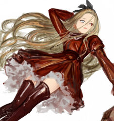 Rule 34 | 1girl, arm up, black hairband, blonde hair, dress, feet out of frame, floating hair, hairband, heterochromia, highres, isshiki (ffmania7), long hair, open mouth, original, red dress, red eyes, simple background, sketch, solo, teeth, thighhighs, very long hair, white eyes