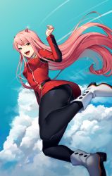 Rule 34 | 10s, 1girl, :d, ass, blue eyes, blue sky, boots, breasts, cloud, cloudy sky, darling in the franxx, day, dress, fangs, floating, floating hair, full body, hair between eyes, horns, jumping, long hair, medium breasts, open mouth, outdoors, pantyhose, perspective, pink hair, satchely, short dress, sky, smile, solo, straight hair, zero two (darling in the franxx)