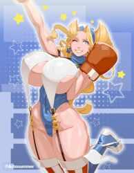 Rule 34 | 1girl, ;d, bandana, black garter straps, blonde hair, blue bandana, blue eyes, blue footwear, blue leotard, boots, boxing gloves, breast curtains, breasts, covered erect nipples, curvy, earrings, fist pump, garter straps, gloves, grin, highres, huge breasts, jewelry, justice gakuen, knee boots, leotard, long hair, looking at viewer, materclaws, one eye closed, open mouth, red gloves, red thighhighs, revealing clothes, shiritsu justice gakuen, shoes, sideboob, smile, sneakers, solo, star (symbol), star earrings, striped clothes, striped thighhighs, thick thighs, thighhighs, thighs, tiffany lords, vertical-striped clothes, vertical-striped thighhighs