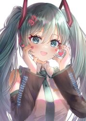 Rule 34 | 1girl, :d, black sleeves, blue eyes, blush, breasts, collared shirt, commentary request, detached sleeves, frilled shirt collar, frills, green hair, green necktie, hair between eyes, hair ornament, hands up, hatsune miku, heart, highres, long hair, long sleeves, looking at viewer, miku day, narami, necktie, open mouth, shirt, simple background, sleeveless, sleeveless shirt, small breasts, smile, solo, twintails, upper body, vocaloid, white background, white shirt