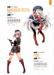 Rule 34 | 2girls, absurdres, artist request, boots, breasts, brown eyes, capelet, full body, fur trim, germany, girls&#039; frontline, gloves, gun, handgun, hat, highres, hippos, holding, holding weapon, jacket, knee boots, leotard, leotard under clothes, light purple hair, long hair, makarov (girls&#039; frontline), military, military uniform, multiple girls, non-web source, official art, open clothes, open jacket, p08 (girls&#039; frontline), pantyhose, pleated skirt, red eyes, russia, scan, scarf, short hair, simple background, skirt, small breasts, soviet, uniform, very long hair, weapon, white background, white gloves, white hair