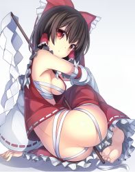 Rule 34 | &gt;:&lt;, 1girl, :&lt;, arm support, armpits, ass, bare shoulders, barefoot, between buttocks, black hair, bow, breasts, butt crack, closed mouth, clothes pull, detached sleeves, feet, frills, from behind, full body, gohei, hair bow, hakurei reimu, highres, janne cherry, japanese clothes, long hair, long sleeves, looking at viewer, looking back, medium breasts, miko, no panties, nontraditional miko, oonusa, red bow, red eyes, sarashi, sideboob, sitting, skirt, skirt pull, skirt set, soles, solo, toes, touhou, v-shaped eyebrows, wide sleeves