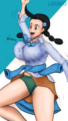 Rule 34 | 1girl, black hair, bouncing breasts, breasts, brown eyes, candice (pokemon), clothes around waist, creatures (company), female focus, game freak, highres, la5882, large breasts, long hair, miniskirt, multi-tied hair, nintendo, pokemon, pokemon dppt, skirt, solo, sweater, sweater around waist, upskirt