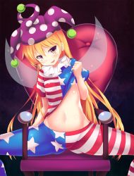 Rule 34 | 1girl, american flag dress, american flag legwear, american flag shirt, blonde hair, blush, breasts, chair, clothes lift, clownpiece, collar, dress, dress lift, eila yagyu, fairy wings, frilled collar, frilled shirt collar, frills, groin, hat, heart, highres, jester cap, lifted by self, long hair, looking at viewer, navel, neck ruff, open mouth, orange eyes, pantyhose, polka dot, shirt lift, short sleeves, sitting, small breasts, solo, spread legs, star (symbol), striped clothes, striped pantyhose, touhou, very long hair, wings