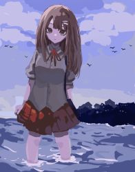 Rule 34 | 1girl, absurdres, animal, arm behind back, bag, bird, blue bag, brown eyes, brown hair, city, closed mouth, cloud, cloudy sky, flying, hair ornament, hairclip, highres, long hair, looking at viewer, mentally deficient, ocean, original, outdoors, red ribbon, red skirt, ribbon, silhouette, sketch, skirt, sky, solo, wading, water
