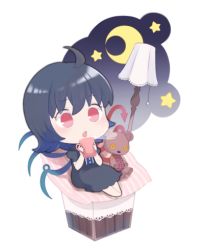 Rule 34 | 1girl, ahoge, asymmetrical wings, black dress, black hair, blue wings, bogyaku no m, buttons, center frills, chibi, crescent, cup, cushion, doll, dress, frills, holding, holding cup, houjuu nue, lowres, moon, night, open mouth, red eyes, red wings, short hair, short sleeves, sitting, star (sky), stuffed animal, stuffed toy, teddy bear, touhou, wings