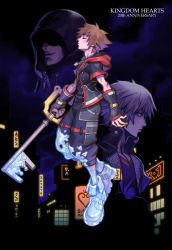 Rule 34 | 3boys, absolum art, absurdres, brown hair, city, city lights, coat, covered eyes, dark, closed eyes, fingerless gloves, floating, frozen, gauntlets, gloves, highres, holding, hood, hoodie, ice, jacket, jewelry, keyblade, kingdom hearts, looking to the side, male focus, multiple boys, necklace, night, night sky, outdoors, pants, riku (kingdom hearts), shirt, shoes, short sleeves, sky, smile, sora (kingdom hearts), spiked hair, t-shirt, white hair