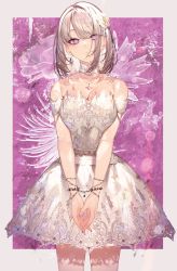Rule 34 | 1girl, absurdres, armpits, blurry, bob cut, breasts, bride, cleavage, collarbone, dress, ear piercing, flower, hair between eyes, hair flower, hair ornament, hairpin, highres, jewelry, kayahara, lace, lace dress, large breasts, looking at viewer, magenta background, medium breasts, necklace, original, outside border, piercing, pink background, short hair, sleeveless, sleeveless dress, wedding dress, white dress