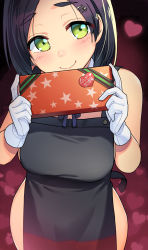 Rule 34 | 1girl, apron, black apron, black hair, blush, box, breasts, closed mouth, cowboy shot, gift, gift box, gloves, green eyes, hair ornament, hairclip, heart, heart background, highres, holding, holding gift, kantai collection, kuroshio (kancolle), large breasts, looking at viewer, naked apron, short hair, smile, solo, taketora suzume, valentine, white gloves