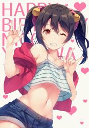 Rule 34 | 10s, 1girl, \m/, bad id, bad twitter id, bare shoulders, black hair, bow, clenched teeth, collarbone, cowboy shot, crop top, denim, denim shorts, double \m/, grin, hair between eyes, hair bow, happy birthday, heart, heart background, hood, hooded jacket, jacket, lips, looking at viewer, love live!, love live! school idol festival, love live! school idol project, midriff, navel, nico nico nii, off shoulder, one eye closed, open clothes, open jacket, red eyes, red jacket, shorts, siva (executor), smile, solo, teeth, twintails, yazawa nico